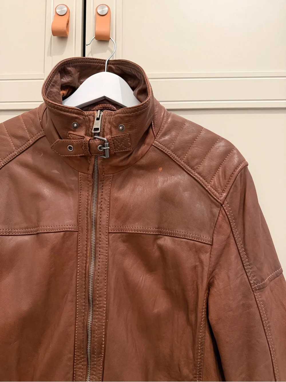 Vintage Brown Leather Jacket with Stand Collar